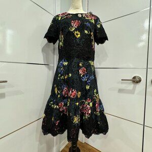 SasSofono Black Floral Short Sleeve Midi Embroidered Lace Dress, Size 42, US 10